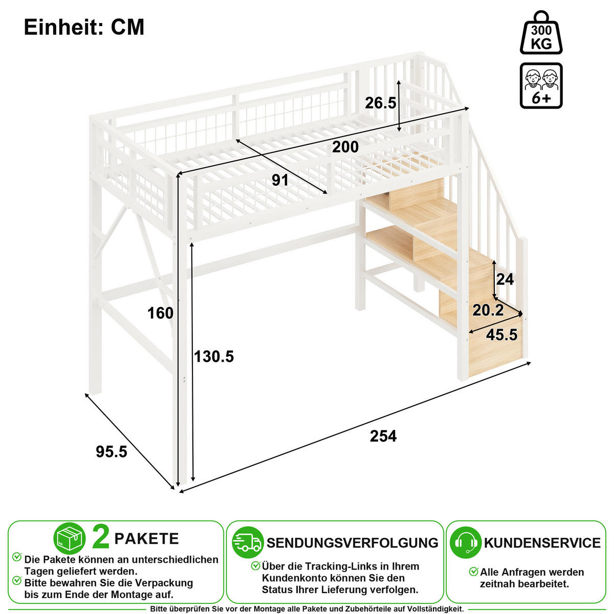 HOCHBETT 90/200 cm in Weiß mit LED und Stauraum - Weiß, Holzwerkstoff/Metall (90/200cm) - CHICFURN