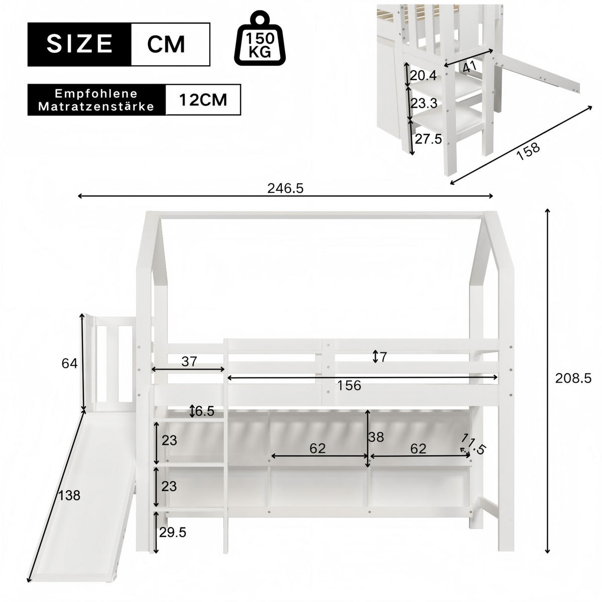 DETSKÁ posteľ 90/200 cm biela so šmykľavkou schodíkmi úložným priestorom a policou z masívneho dreva a MDF - biela, kompozitné drevo (90/200cm) - OKWISH