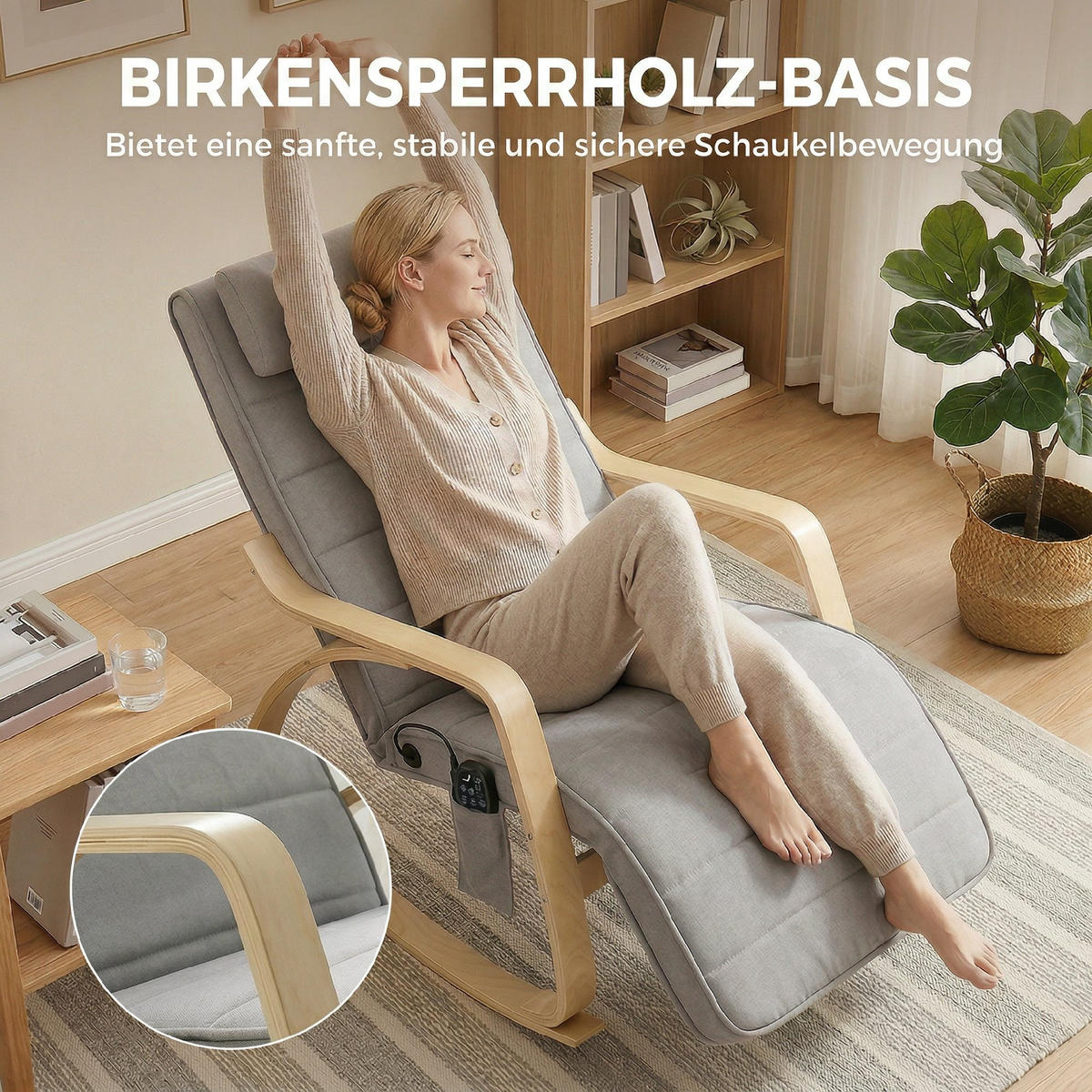 SCHAUKELSTUHL DE-07602 mit Massage, Heizung und Kopf- & Fußstütze Hellgrau - Hellgrau, Textil (67/92/106cm) - ComfortXL