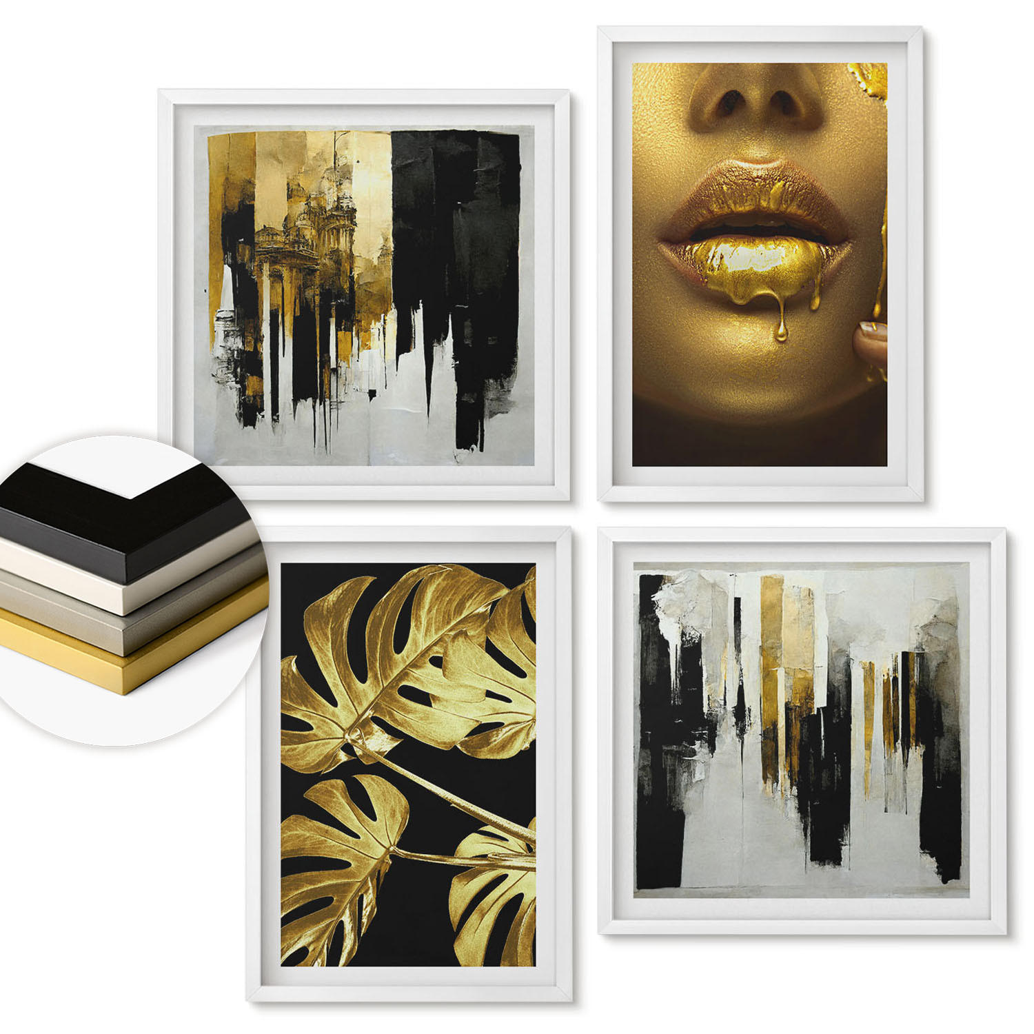 WANDBILDER 4er-Set - 50x50 cm & 40x60 cm Weißer Rahmen - Abstrakte Blattmalerei - Weiß, Kunststoff (50/50cm) - ArtPrintCave