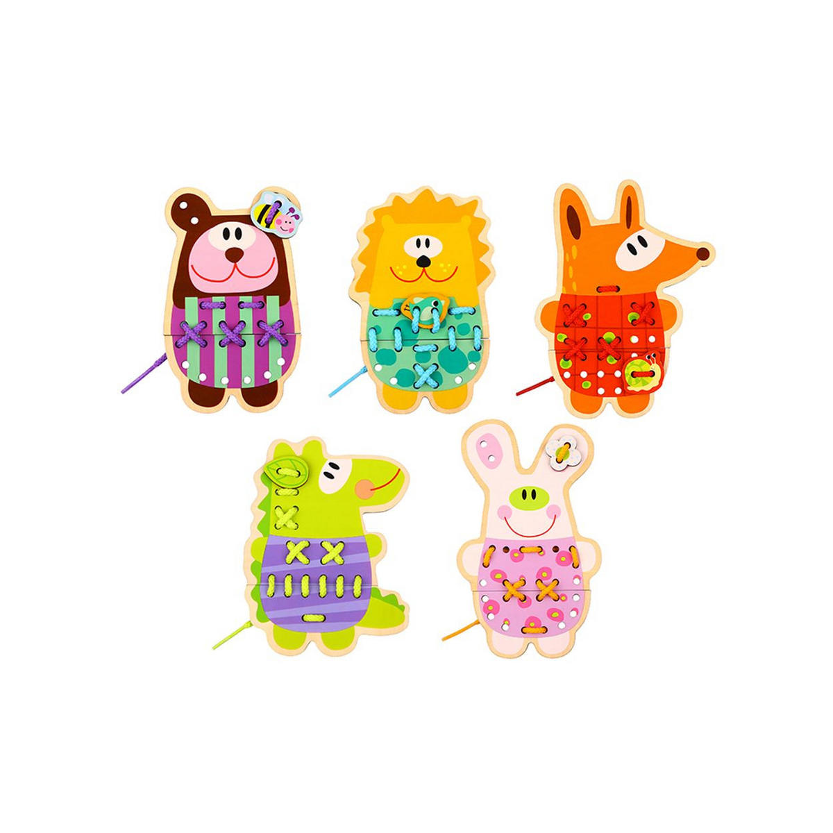 LERNSPIELZEUG Nähspiel TL417 Holz-Tiere orange Holz, 20-teilig, Schnürtiere, 5 Tiere, Schnüre, bunte Pins, Motorik - Orange, Holz (12/16cm) - Tooky Toy
