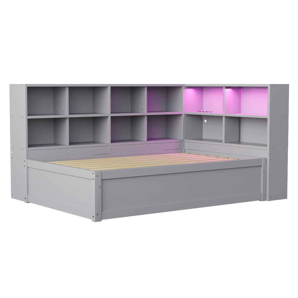BETT 90/200 cm aus Holz mit Stauraum und LED-Beleuchtung in Grau - Grau, Holz (90/200cm) - Flora Grace