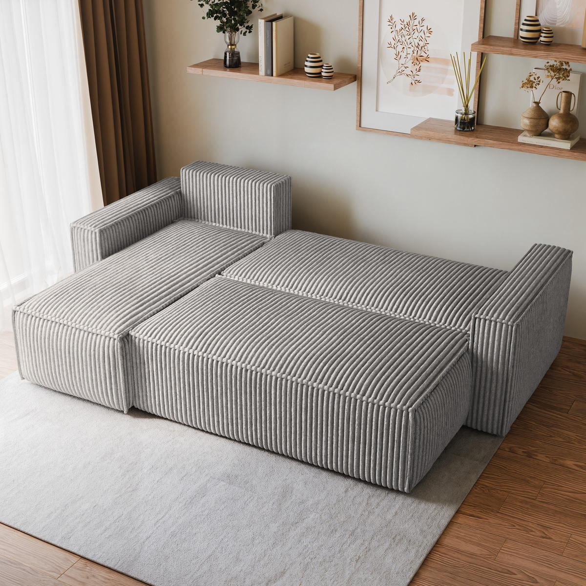 ECKSOFA RAVELO T Hellgrau Kordstoff mit Schlaffunktion - Hellgrau, Holz (240/140cm) - MASSENO
