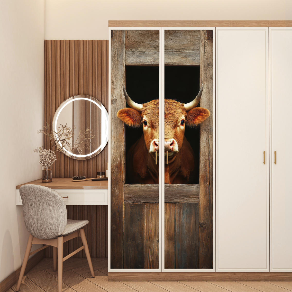 TÜRAUFKLEBER Kuh - Fenster - Holz - Tiere 85x215 cm - Türtapete - Wengefarben, Kunststoff (85/0.1cm) - MuchoWow