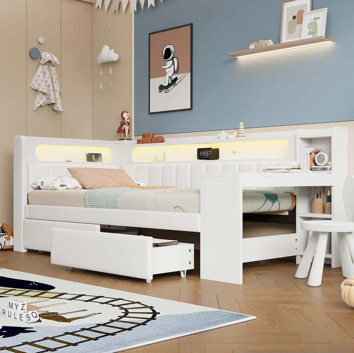 DENNÍ postel 90/200 cm bílá z MDF a překližky s čalouněním, LED, USB, stolem a 2 zásuvkami - bílá, kompozitní dřevo (90/200cm) - OKWISH