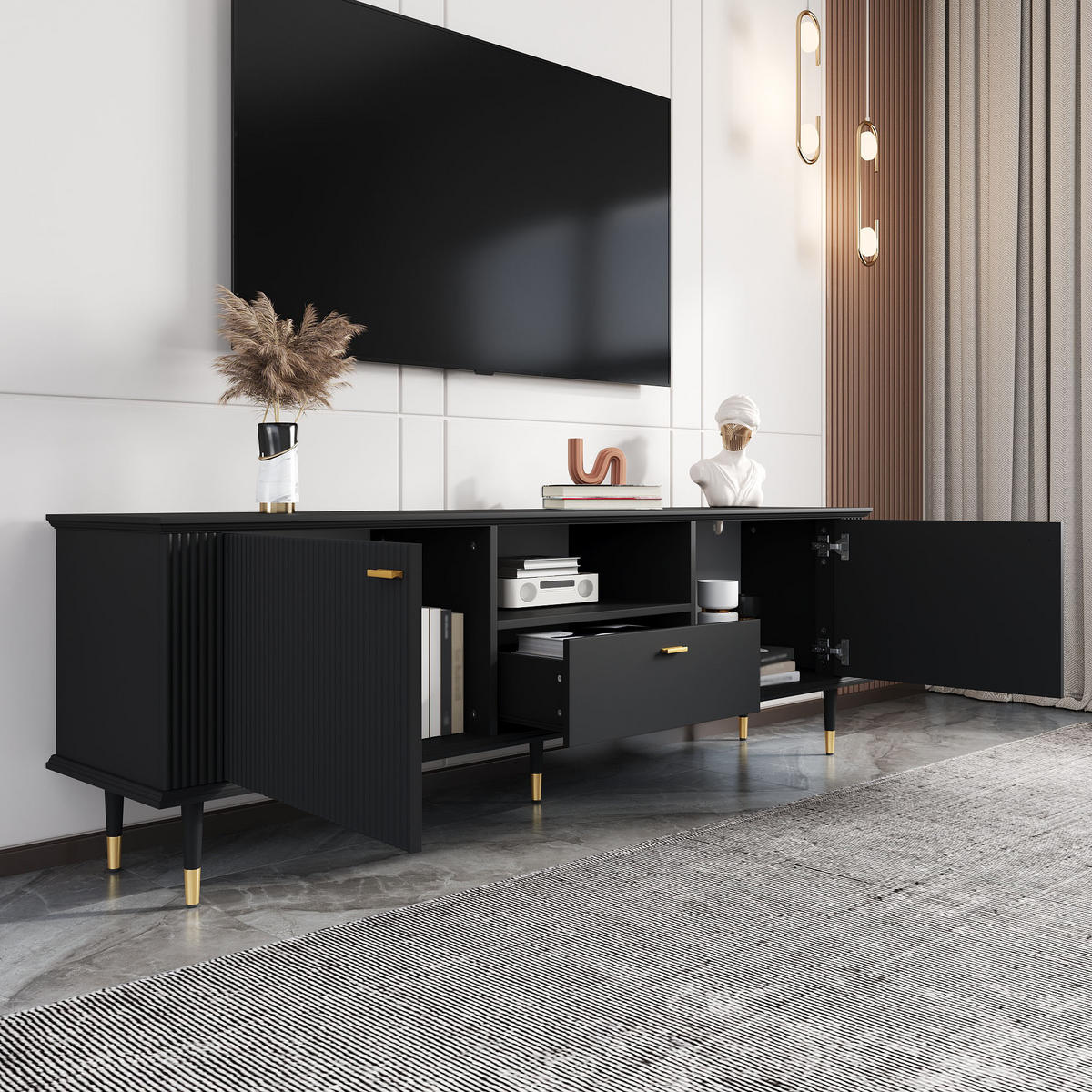 TV-SCHRANK offene Fächer Schubladen Soft-Close modern - Schwarz, Holzwerkstoff (36/54/170cm) - FLIEKS
