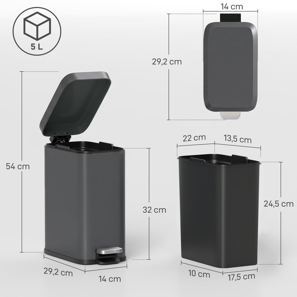 MÜLLEIMER 5L TRETEIMER METALL GRAU MIT INNENEIMER 29,2/14/32 CM - Grau, Metall (14/32/29.2cm) - Rolipo