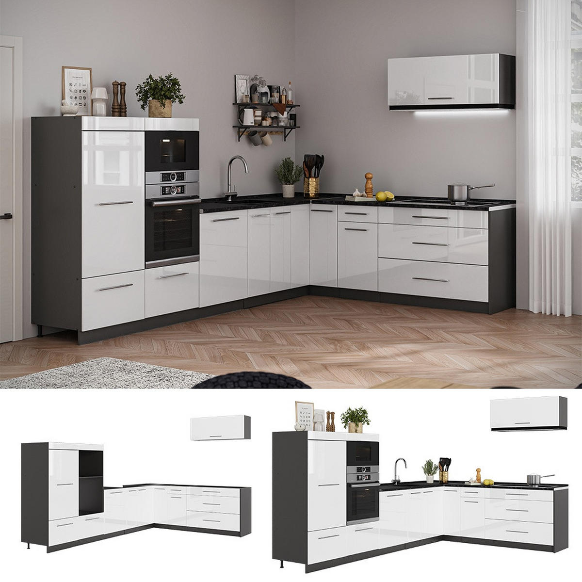 KUHINJA U OBLIKU SLOVA L Fame-Line, Sjajna Bijela /Antracit, 327 x 227 cm, RP Hrast - bijela visoki sjaj/antracit, drvni materijal (327/153.6/60cm) - Vicco