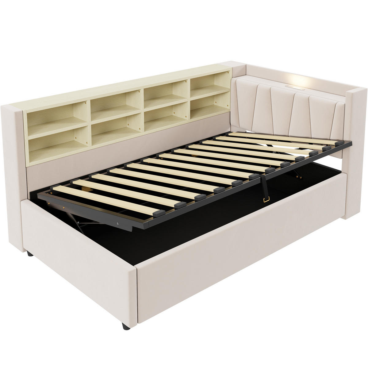 POLSTERBETT 90/200 cm aus Samt mit Nachtlicht, USB-, Typ-C-Anschluss, Bettkasten und Ablagefächern, Beige - Beige, Textil (90/200cm) - Redom