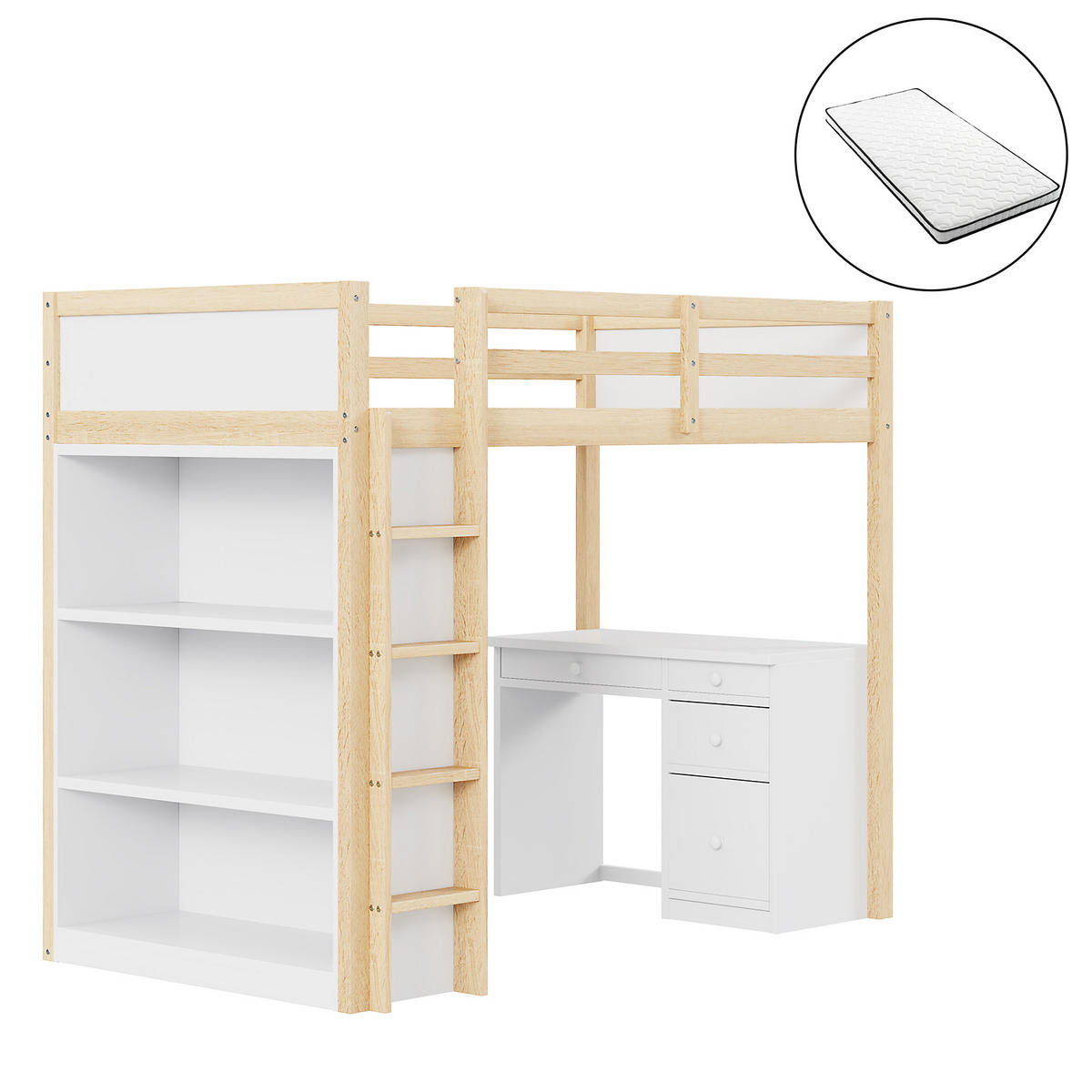 HOCHBETT 90/200 cm aus Holz mit Stauraum und Computertisch mit Matratze - Naturfarben, Holz (90/200cm) - OKWISH