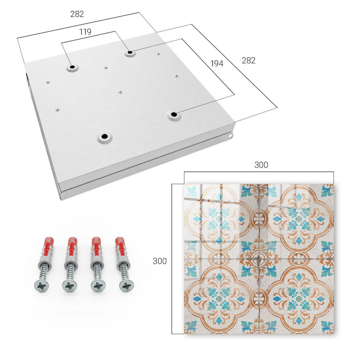 SCHLÜSSELBOX Weiß 30x30 cm – Türöffnung nach rechts - Fliesenmuster - Grau, Metall (30/30/5cm) - TULUP