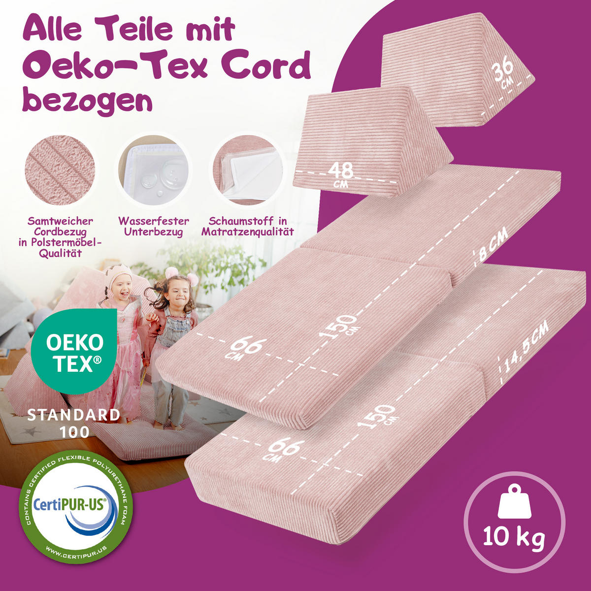 KINDERSOFA Spielparadies - Rosa, Textil (66/52/150cm) - Linodino
