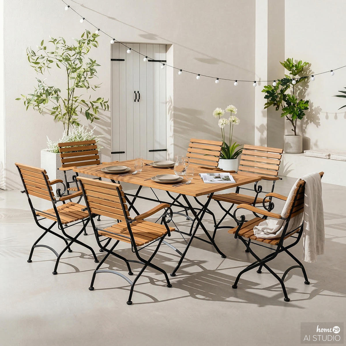 GARTENESSGRUPPE - Akazie massiv / Stahl - Akazie / Schwarz - 7-teilig - Schwarz/Akaziefarben, Holz/Metall - home24