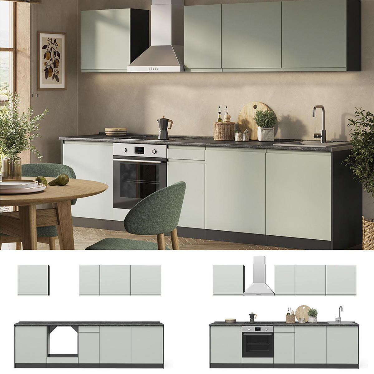 KÜCHENZEILE R-Line, Pastellgrün/Anthrazit, 280 cm Arbeitsplatte Satin - Pastellgrün/Anthrazit, Holzwerkstoff (280/206.8/60cm) - Vicco