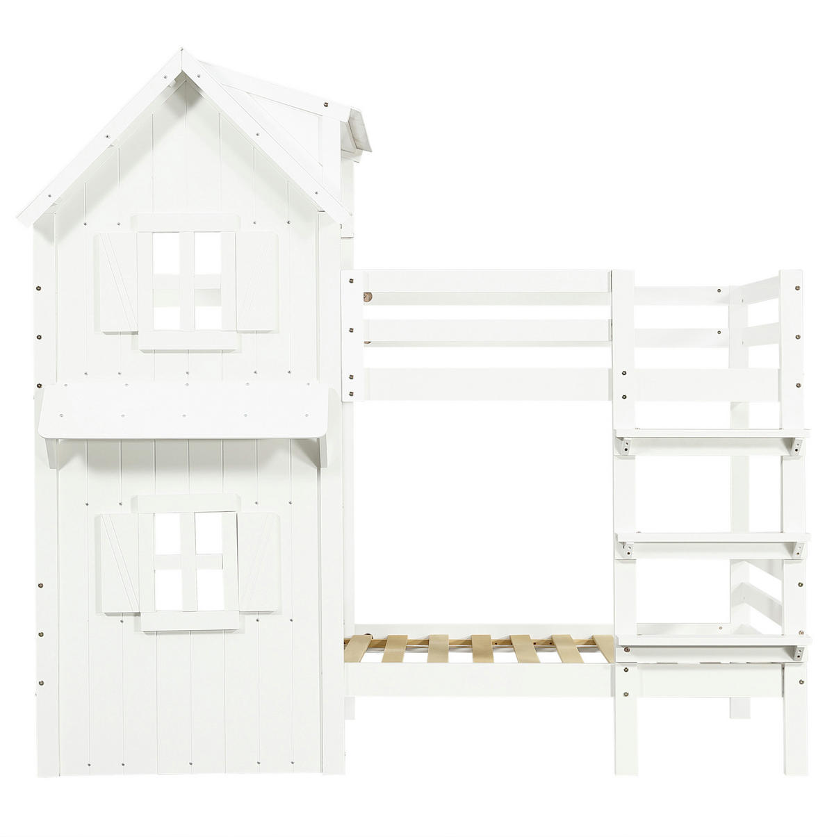 HAUSBETT 90/200 cm Weiß mit Dach, Fenstern und Sicherheitsgeländern - Weiß, Holzwerkstoff (90/200cm) - Flora Grace