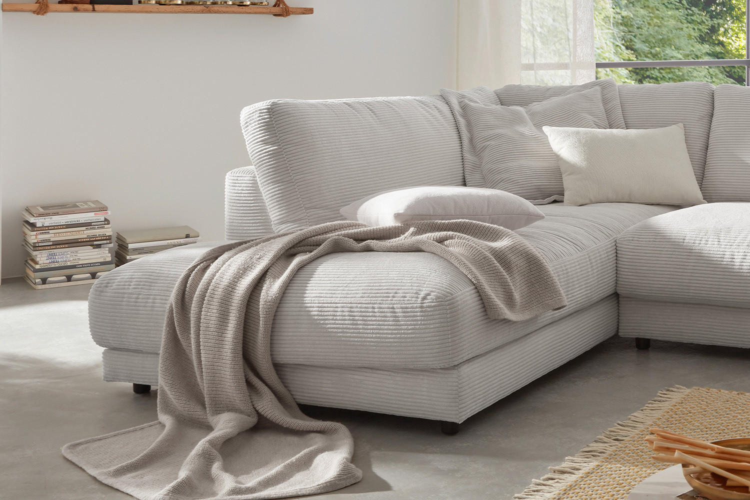 ECKSOFA MADELINE Hellgrau Cord - Hellgrau/Schwarz, Kunststoff/Textil (325/224cm) - KAWOLA