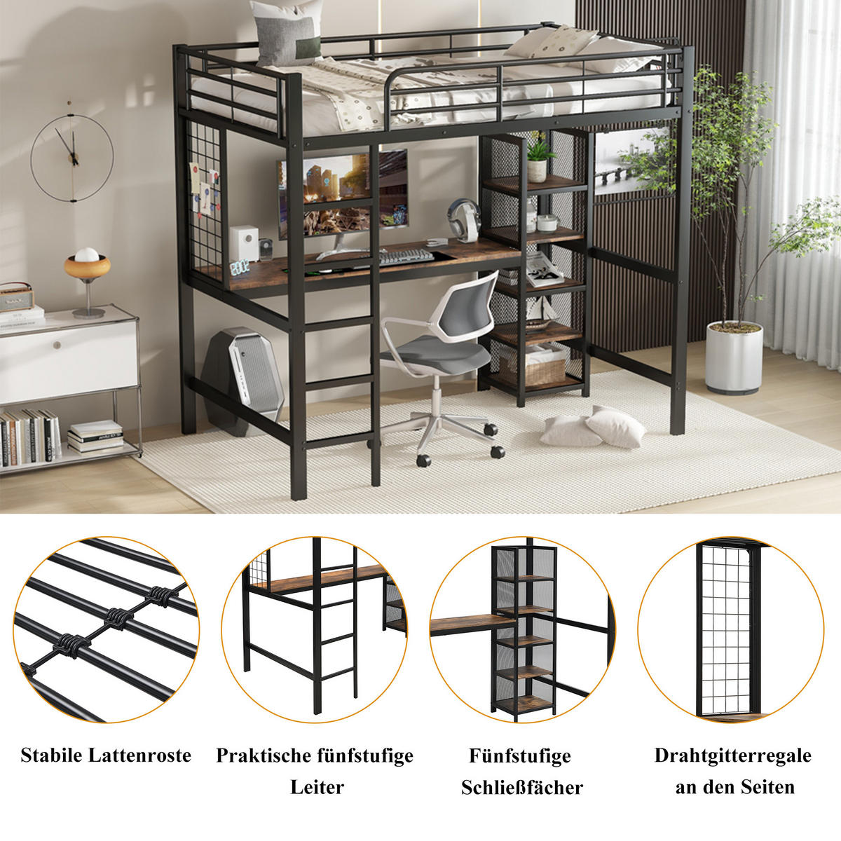 HOCHBETT 90/200 cm schwarz aus Metall mit Tisch und Regal mit Metallgitter - Schwarz, Holzwerkstoff (90/200cm) - OKWISH