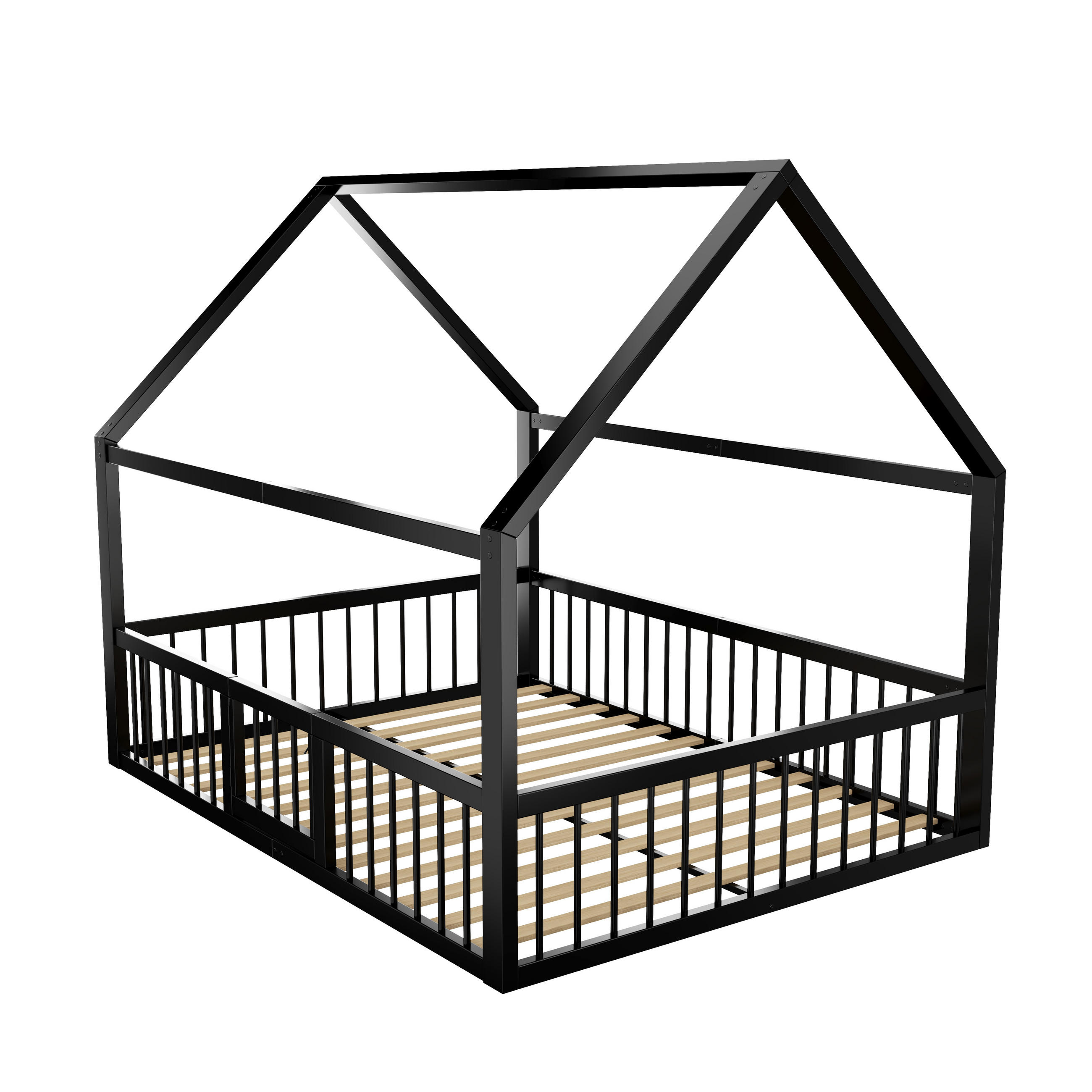 KINDERBETT ohne Matratze in Hausform Schwarz 140x200 cm Metall - Schwarz, Metall (140/200cm) - SONNENH