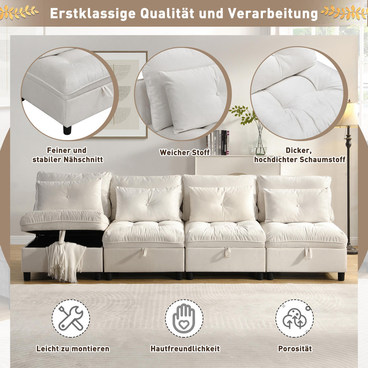 SOFA 4-Sitzer Chenille mit Stauraum und Schlaffunktion Beige 274/76/87 cm - Beige, Textil (274/87/76cm) - Redom