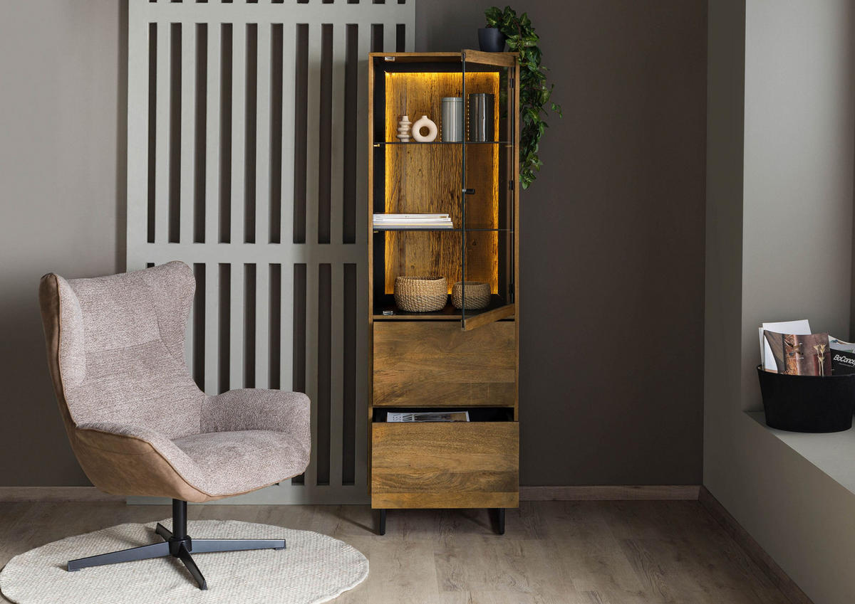 VITRINE Mango / Altholz 56x47x180 schwarz / natur lackiert DAVIS #40 - Schwarz, Holz (56/180/47cm) - Massivmoebel24