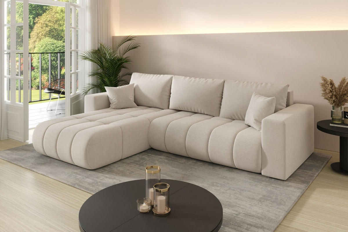 ECKSOFA mit schlaffunktion und bettkasten MILO PREMIUM, stoff WIND, Beige, Links - Beige, Holz (280/190cm) - Kaiser Möbel