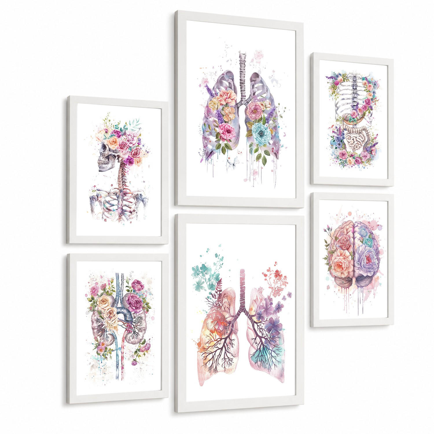 POSTER Set aus 6 Anatomie Mensch Florale Aquarell Drucke und mit Gehirn Lungen Skelett Nieren und Organen Botanische Größe Weißer Rahmen A3 & A4 - Weiß, Papier (29.7/42/3cm) - Nacnic