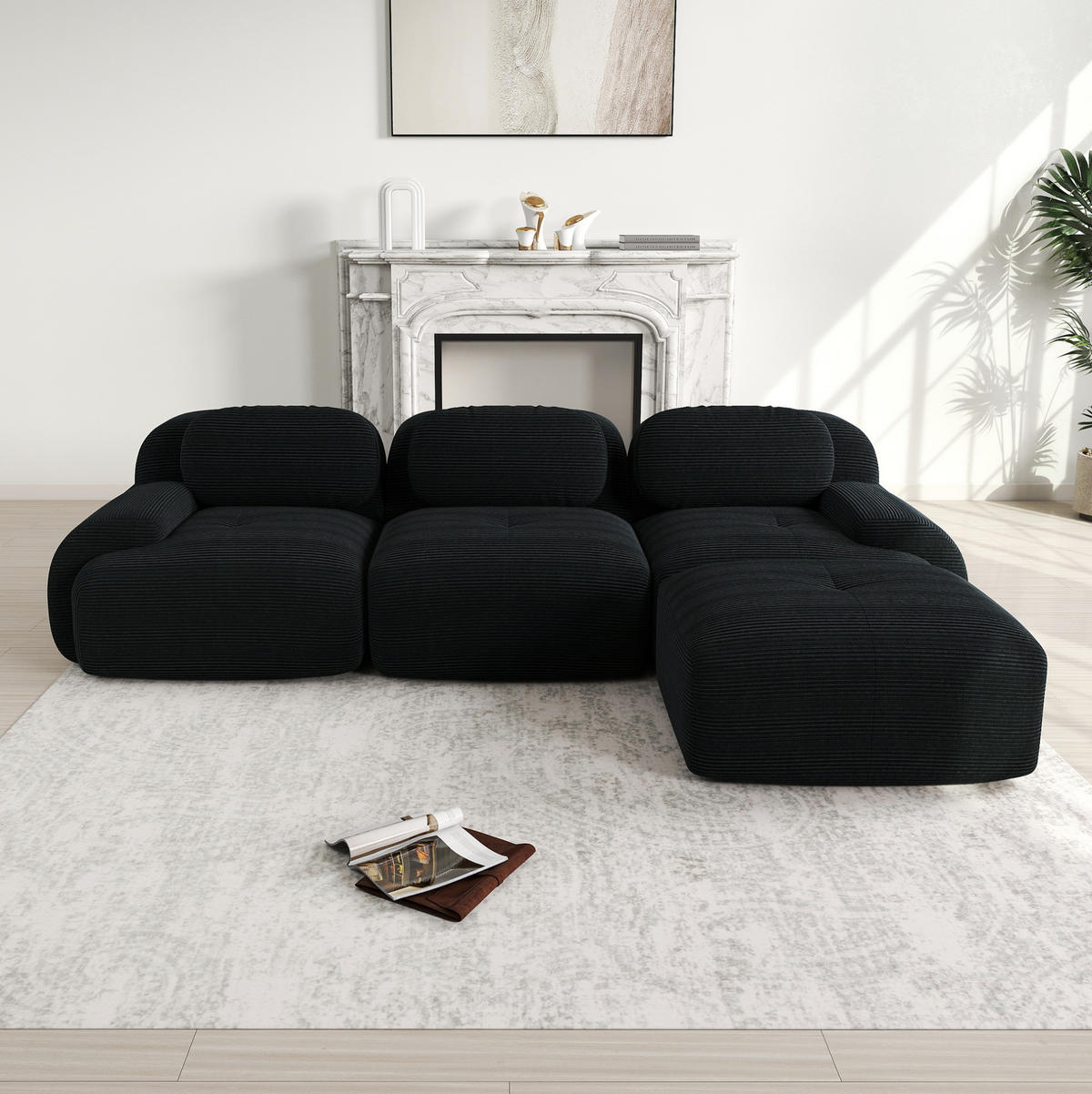ECKSOFA modular rahmenlos Cordstoff Black 4-tlg. - Schwarz, Kunststoff (178/298cm) - Meubliv