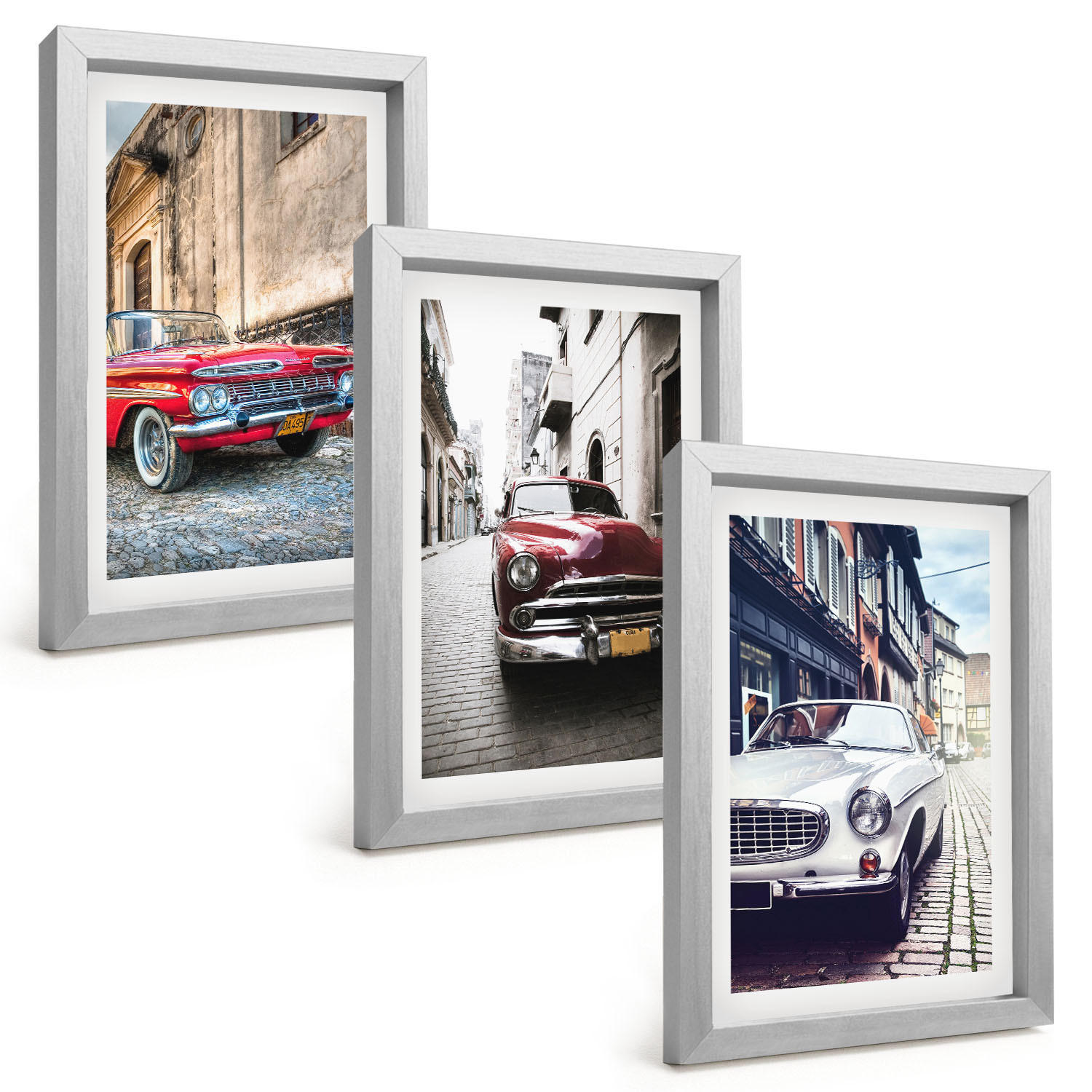 BILDER SET 3er Set - 20x30 cm Silberner Rahmen - Oldtimer in Städten - Silberfarben, Kunststoff (20/30cm) - TULUP