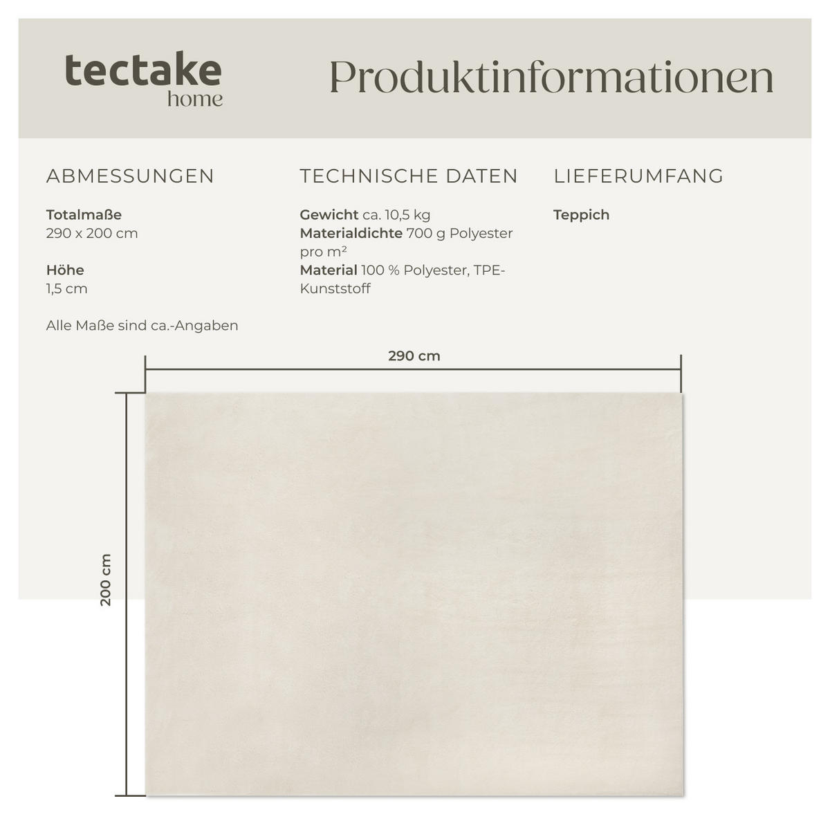 KURZFLORTEPPICH Soft Zone,rutschfeste Unterseite,creme - Creme, Kunststoff (290/200cm) - tectake