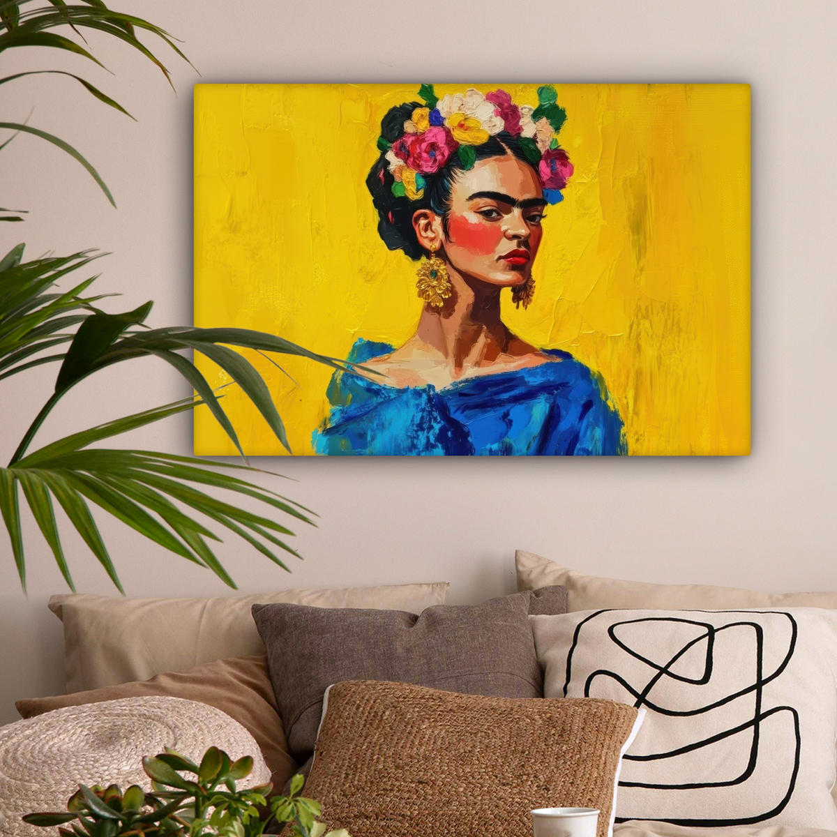 LEINWANDBILD Frida Kahlo - Frau - Gelb - Blau - Blumen Gemälde 60x40 cm - Gelb, Textil (60/40cm) - MuchoWow