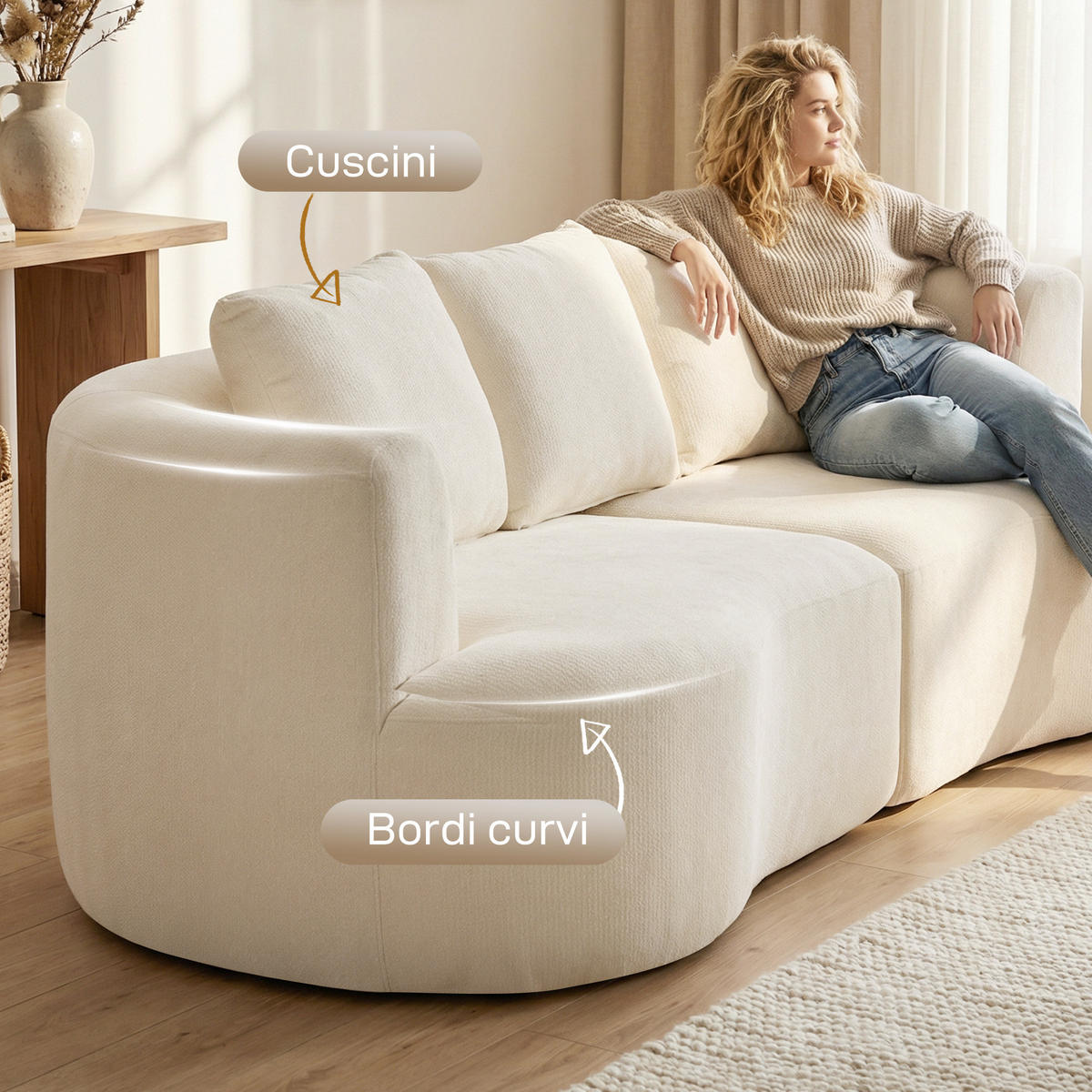 SOFA, 3-Sitzer, Chenille, cremefarben, 3 Kissen, 260x106x82cm - Multicolor, Holzwerkstoff (260/82/106cm) - FORIOUS