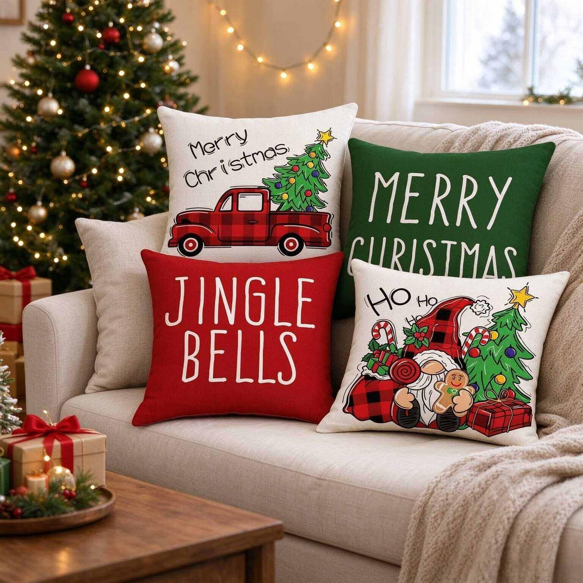 KISSENBEZUG – Weihnachtskissenbezug (Kissenfüllung nicht enthalten) – 45 x 45 cm – Multicolor(vier Stück) - Multicolor, Textil (45/45cm)