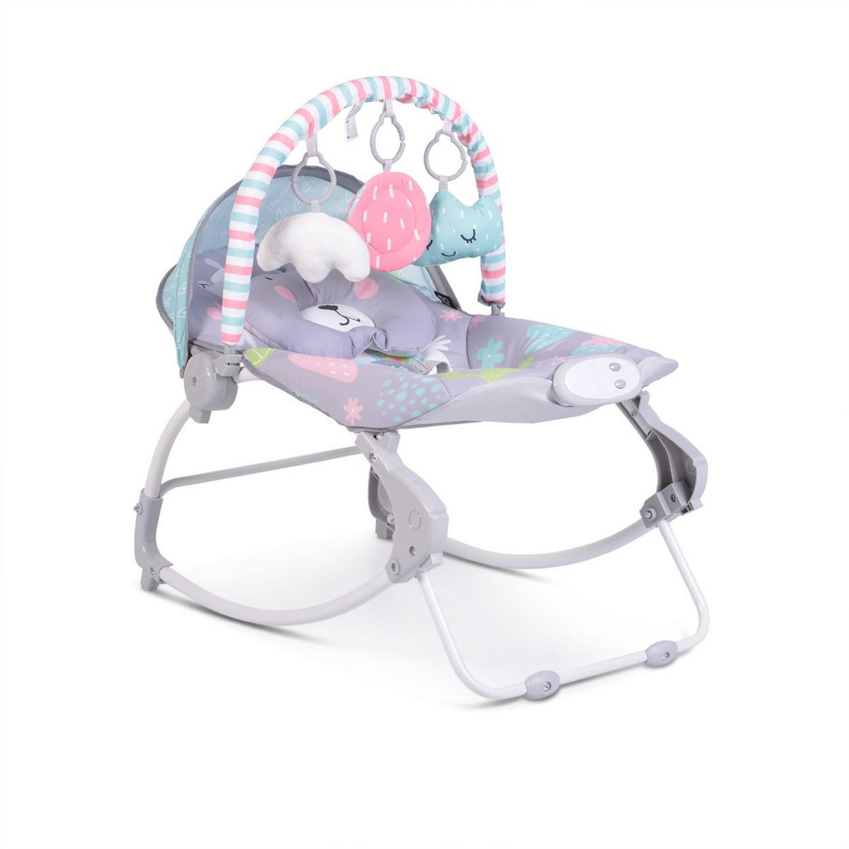 BABYWIPPE Lama grau mit Melodien, Vibration, verstellbaren Rückenlehne, Kissen, ab Geburt - Grau, Metall - Moni