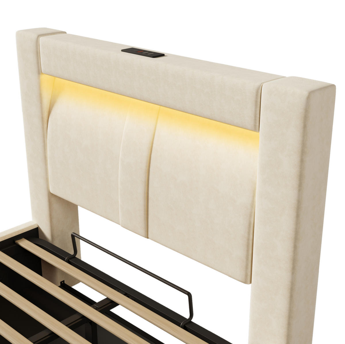 JEDNOLŮŽKOVÁ postel 90/200 cm béžová ze sametu s úložným prostorem a LED - béžová, textil (90/200cm) - OKWISH