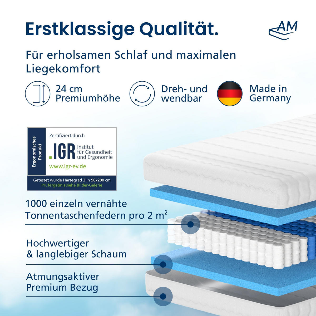 TASCHENFEDERKERNMATRATZE 1000 Federn 135/190 cm H3 - 24cm Höhe & Tencel Bezug - Weiß, Textil (135/190cm) - AM Qualitätsmatratzen