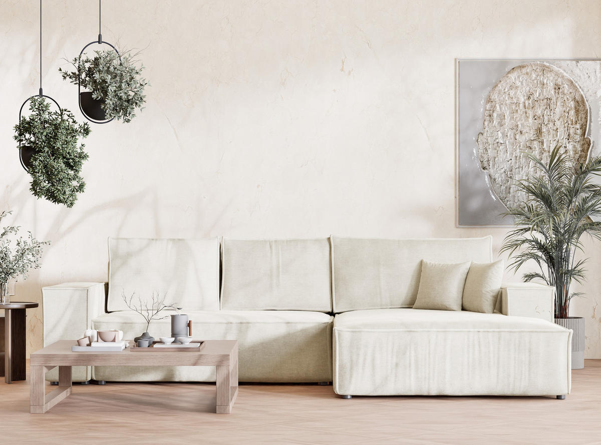 ECKSOFA Maze Creme Chenille-Stoff - Rechts Seite - Creme/Schwarz, Holz/Holzwerkstoff (294/185cm) - Maison de Reve