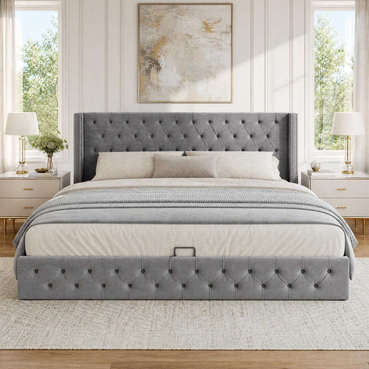 POLSTERBETT 140/200 cm in Grau Samt mit Bettkasten - Grau, Holzwerkstoff/Textil (140/200cm) - CHICFURN