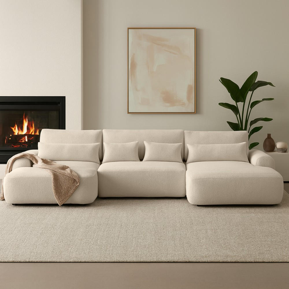 WOHNLANDSCHAFT Oliver mit Schlaffunktion, Beige, Bouclé-Stoff - Beige/Schwarz, Holzwerkstoff (355/87/160cm) - Beautysofa