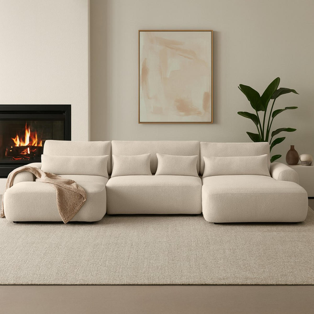 WOHNLANDSCHAFT Oliver mit Schlaffunktion, Beige, Bouclé-Stoff - Beige/Schwarz, Holzwerkstoff (355/87/160cm) - Beautysofa