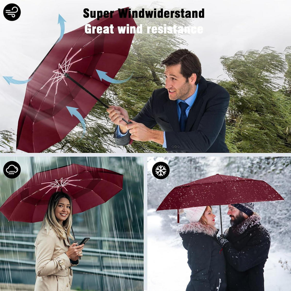 REGENSCHIRM Automatik Sturmfest 102 cm Spannweite Rot - Bordeaux, Textil (6/6cm)