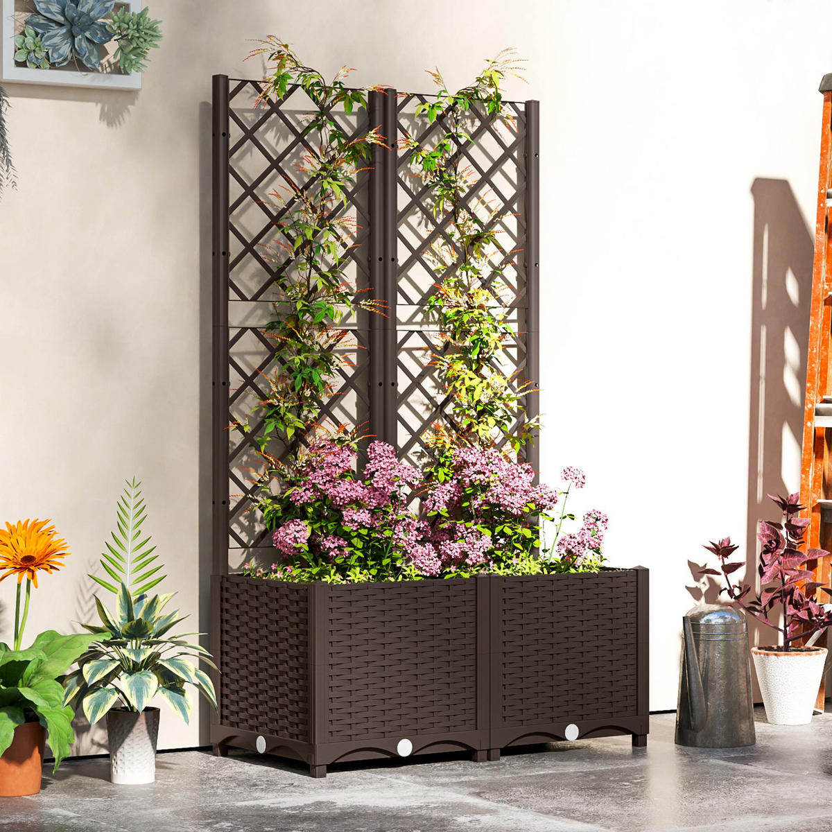HOCHBEET DE-12209 mit Rankgitter 80/40/135 cm mit 6 Drainagelöchern Braun - Braun, Kunststoff (80/135/40cm) - ComfortXL