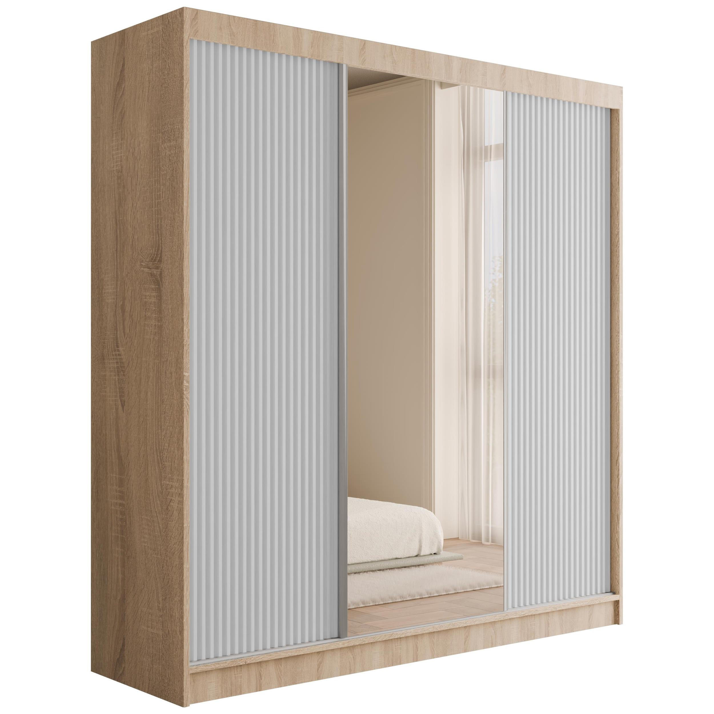 KLEIDERSCHRANK mit Spiegel V2-PRESTIG 215x200 cm - Sonoma Eiche|Weiß - Weiß/Sonoma Eiche, Holzwerkstoff (200/215/61cm) - ALTDECOR