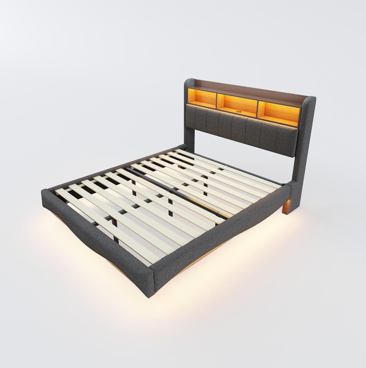 ČALÚNENÁ posteľ 160/200 cm s LED osvetlením, USB a Type-C portmi, úložným priestorom a kovovým rámom, Sivá - sivá, textil (160/200cm) - Redom