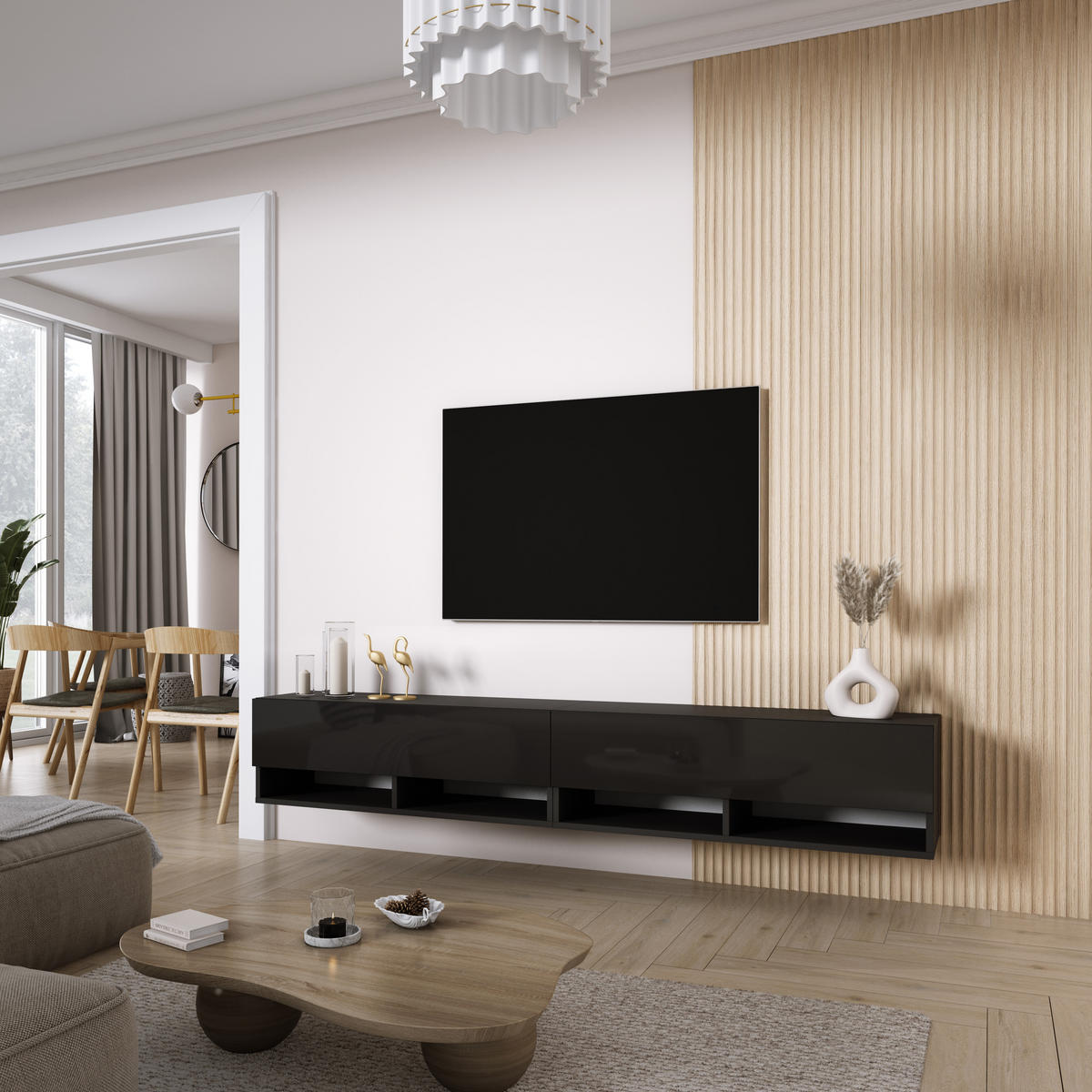 TV-LOWBOARD 200 (2 x 100) cm Mattschwarz / Hochglanzschwarz, 200 × 32 × 34 cm - Schwarz, Holzwerkstoff (200/33.6/32cm) - 3XE LIVING