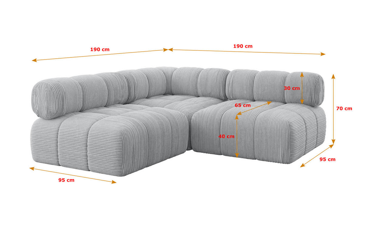 ECKSOFA modulares Sofa Samaro-L1 - 190x190x70 cm Grau Cord - Grau, Holzwerkstoff/Textil (190/190cm) - ALTDECOR