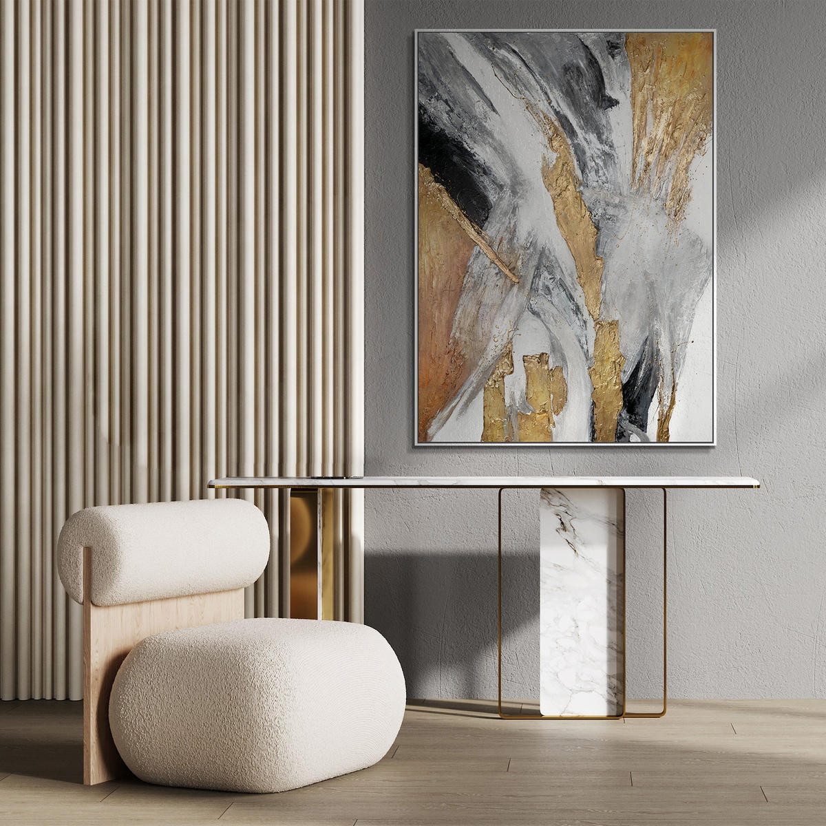 GEMÄLDE Goldene Symphonie Schattenfugenrahmen Weiß 140x100 cm - Weiß, Holz (140/100cm) - YS-art gallery