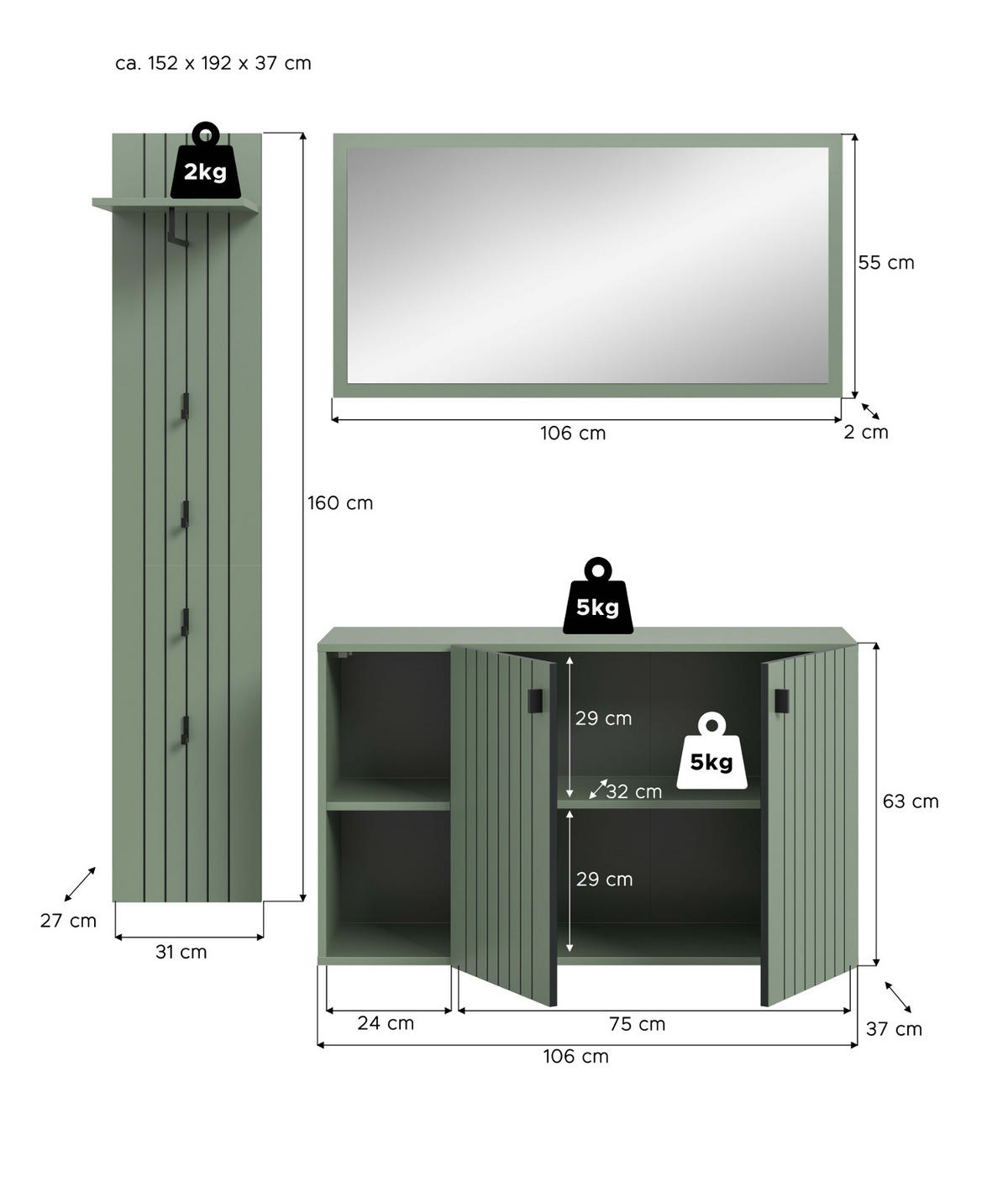 GARDEROBE-SET grün 3-teilig 152 cm, Garderobenkombination hängend - Schwarz/Grün, Glas/Holzwerkstoff (152/192/37cm) - Inn.Furn