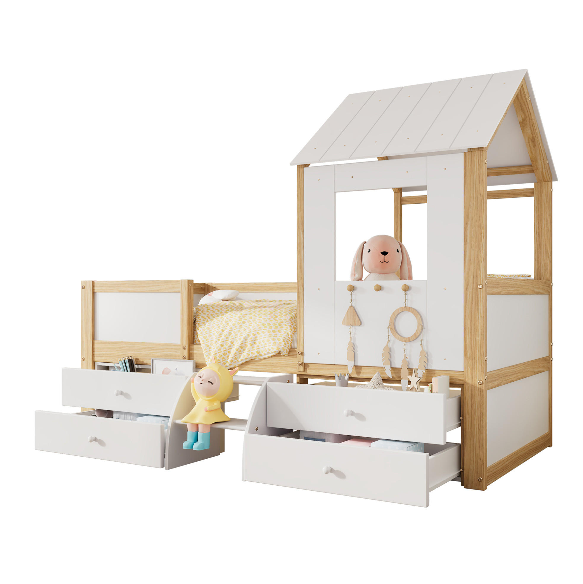 OKWISH POLODĚTSKÁ postel 90/200 cm bílá a přírodní z borovice, MDF a překližky s domečkem, schody a úložným prostorem