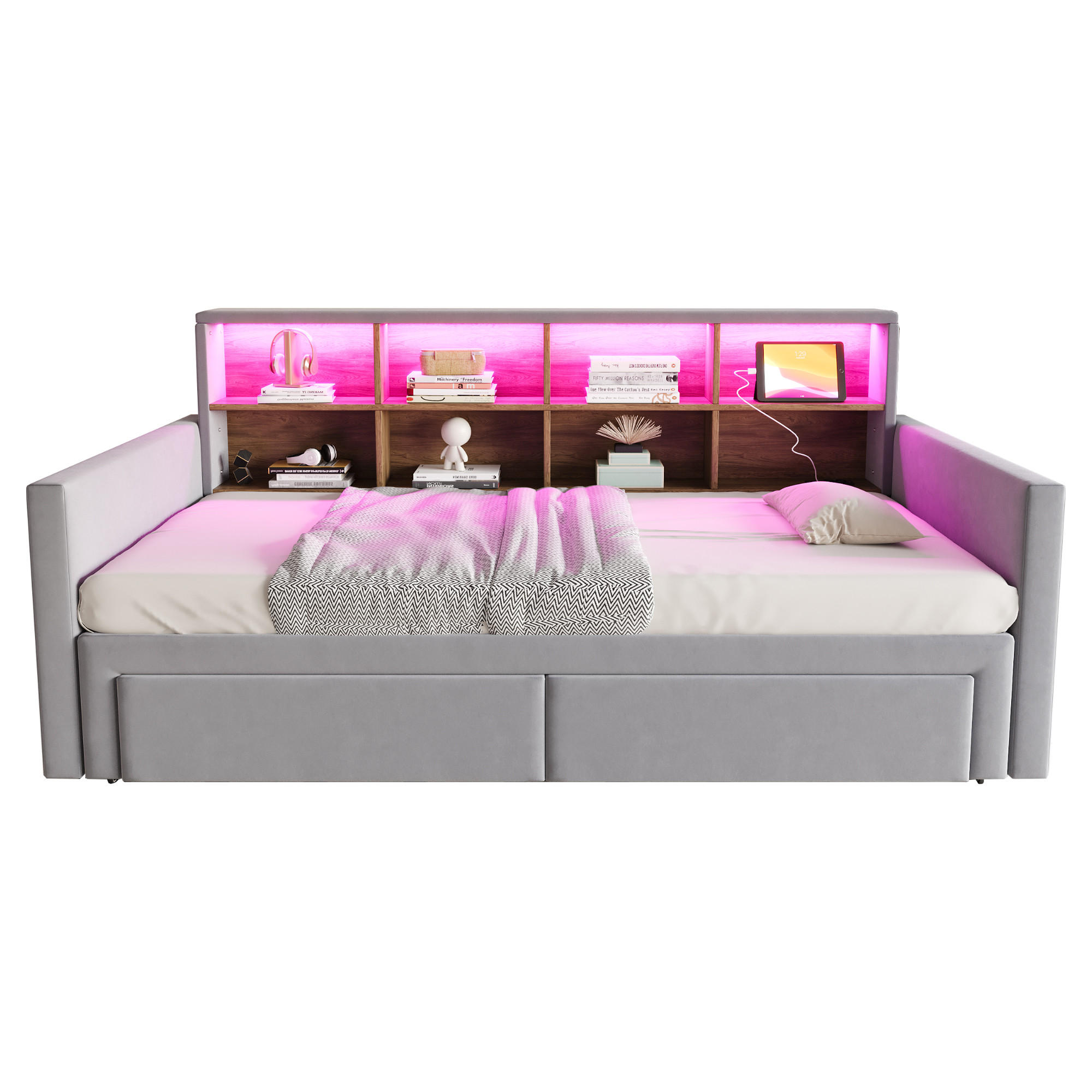 POLSTERBETT 90/190 mit LED, USB und ausziehbarer Liegefläche in Hellgrau - Hellgrau, Holzwerkstoff/Textil (90/190cm) - EVRYAE