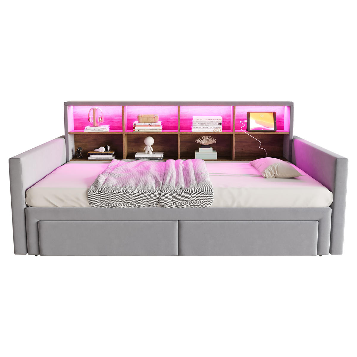SCHLAFSOFA ausziehbar 90x190 cm Samt Hellgrau mit Stauraum - Hellgrau, Metall (90/190cm) - Meubliv